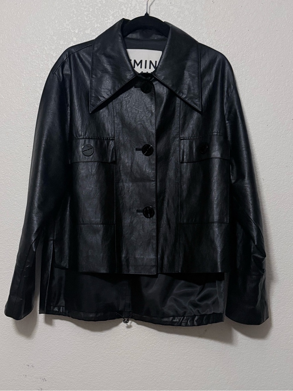 Emin & Paul Black Vegan Leather
Asymmetrical Wide Collar Jacket